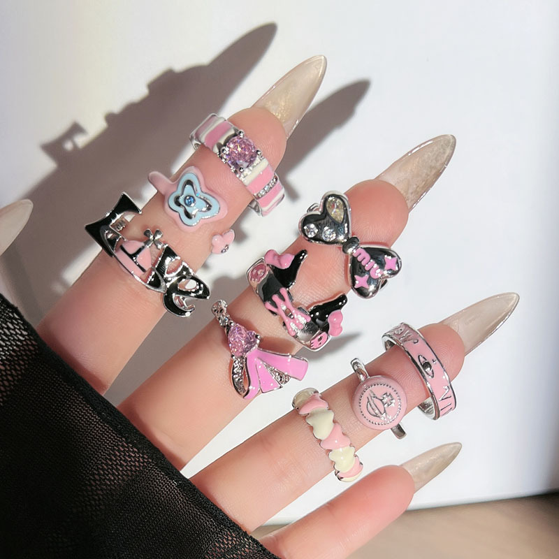 Sweet and delicate Chanel style, high-end summer pink drip glaze bow ring, cute Kulomi heart index finger ring for girls details Picture