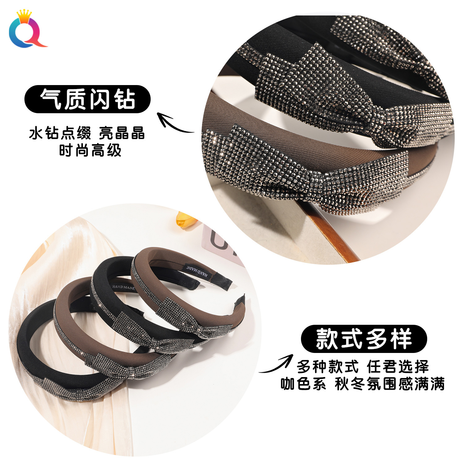 Qiyue Cross-border Water Diamond bow tie Hair Band Autumn and Winter High skull Top sponge Face Wash Hair Hole Women's updo Hair Band Hair Accessory wholesale Specification drawing