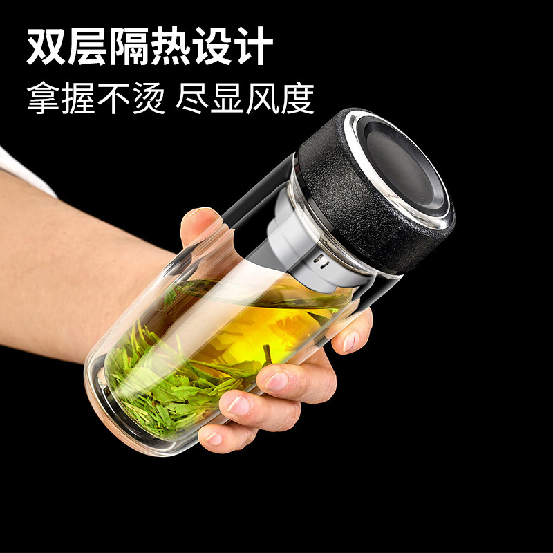 Double-layer thickened glass cup, high-temperature resistant, portable household tea and water separation cup, personal water cup, goose egg cup Specification drawing
