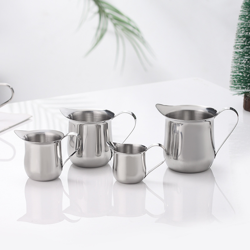 Stainless steel small milk cups, milk cups, coffee milk brewing cups, latte art small cups, pointed spouts, 3-ampoule milk cups, 90ml 4-piece set full figure