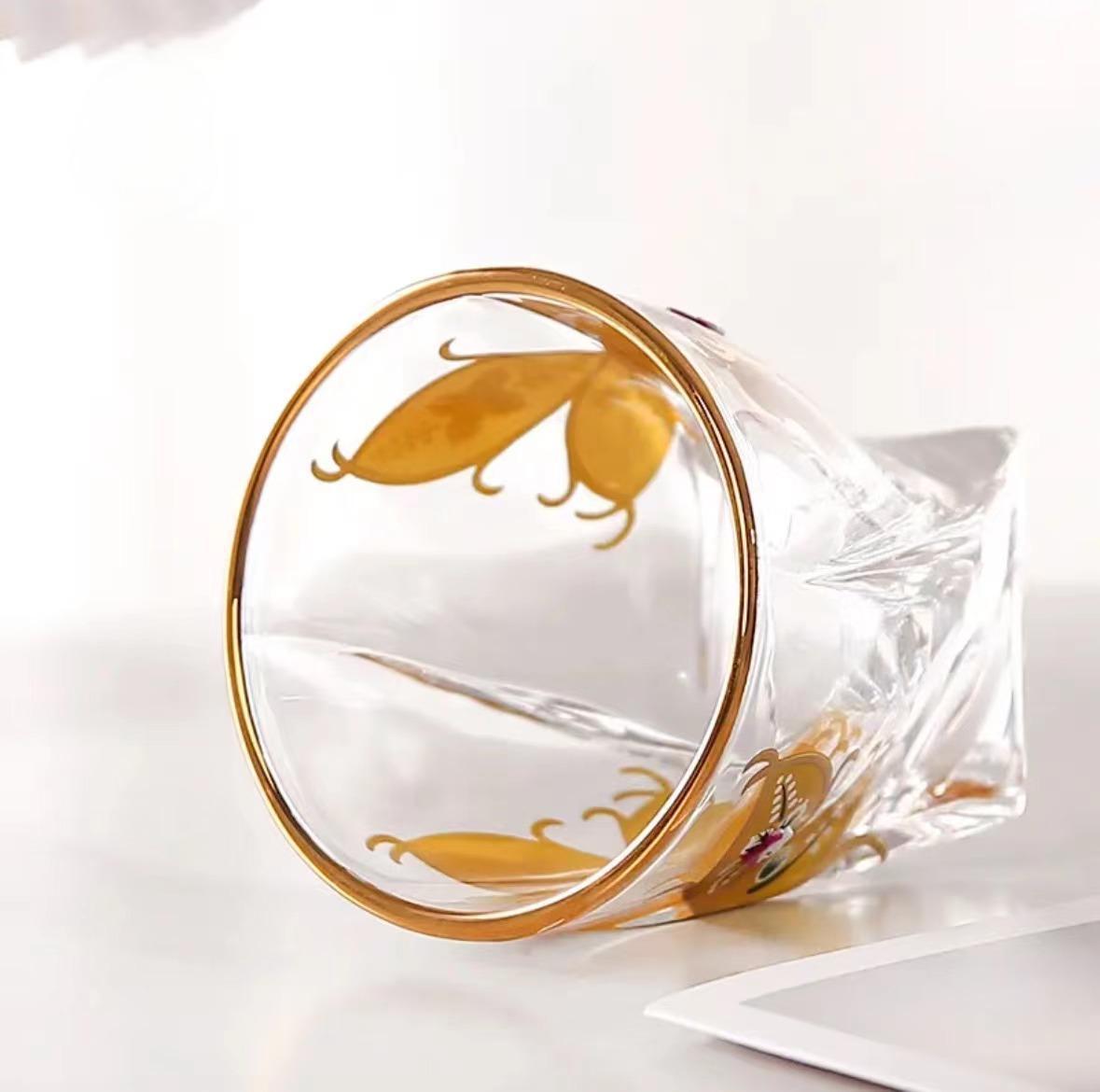 High-end light luxury crystal glass butterfly cup, gilded enamel flower whisky cup, Western-style wine cup, retro cold drink water cup Specification drawing