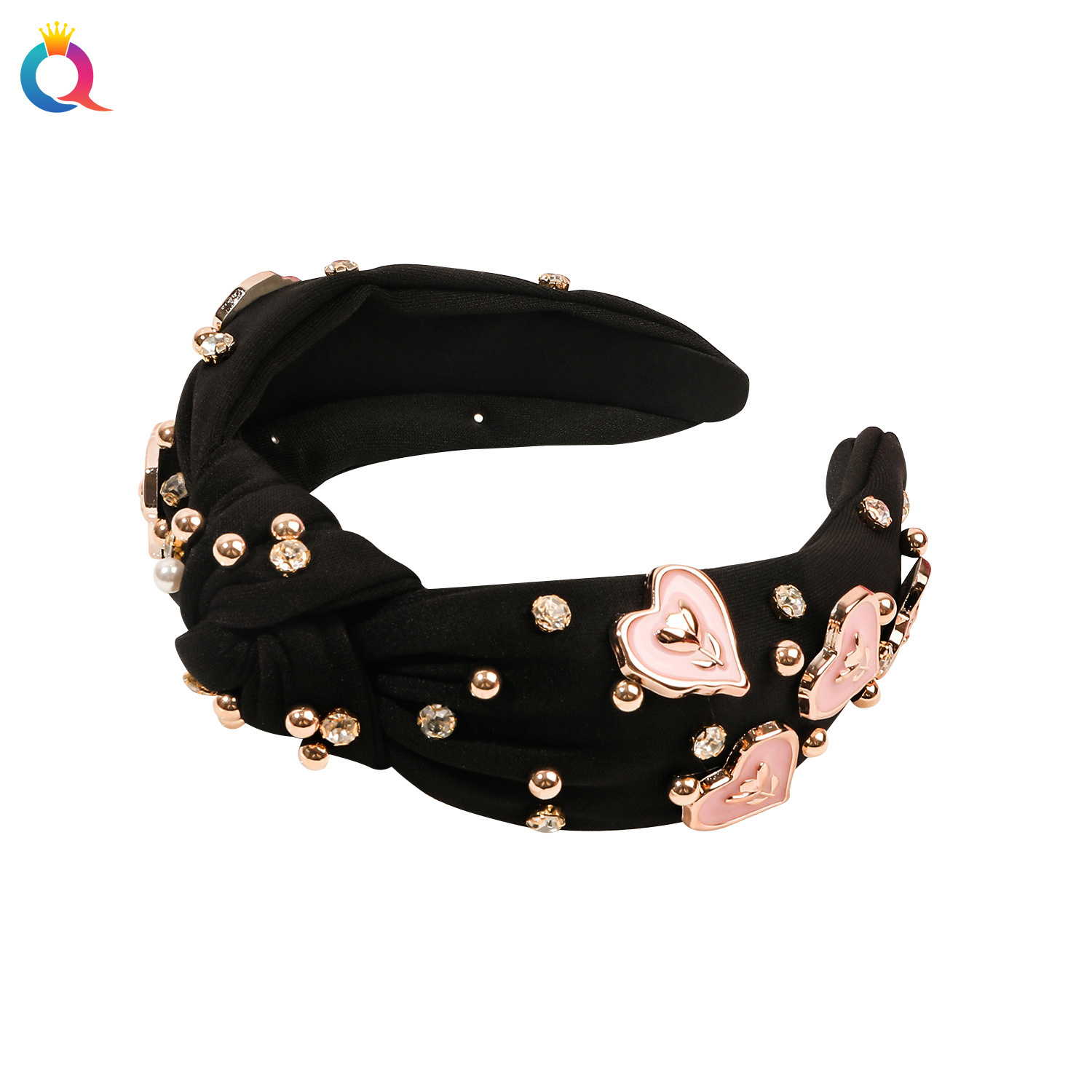 Qiyue Cross-border European and American fashion fabric diamond-encruted hair bands, high skull top pressure hair, face wash hair hole headbands, hair accessories wholesale Item Picture