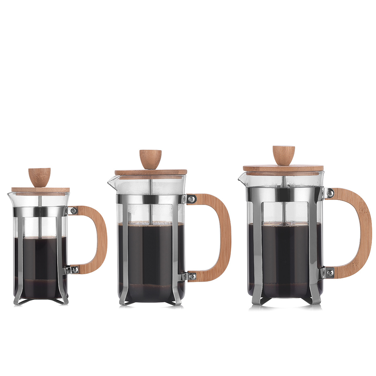 Wooden handle brewing pot, glass press pot, press and filter coffee equipment, 350/600/800ML glass coffee pot Item Picture