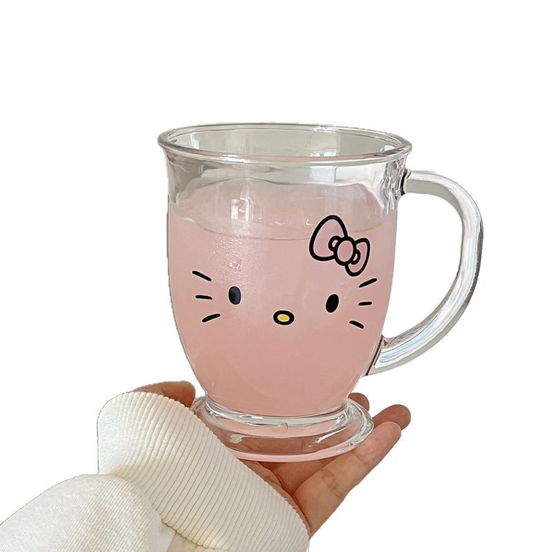 Cute KT glass cups with handles, Ins-style home coffee cups, milk water cups, and high appearance standards Item Picture