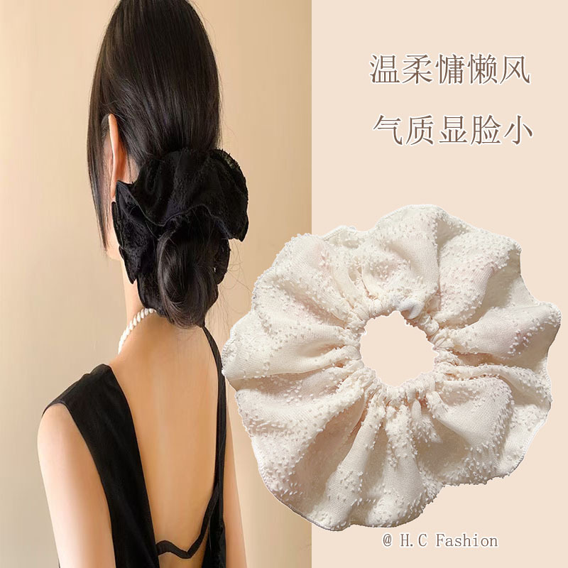French retro cherry blossom high-end white large intestine hair tie for women, super large, gentle and simple ponytail hair accessory full figure