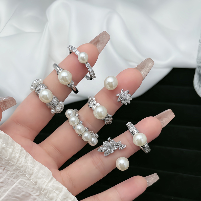 【 Pearl and Diamond Dream 】 A light luxury and niche Korean pearl Open-top ring, sweet, cool, exquisite and fashionable layered ring for women Specification drawing