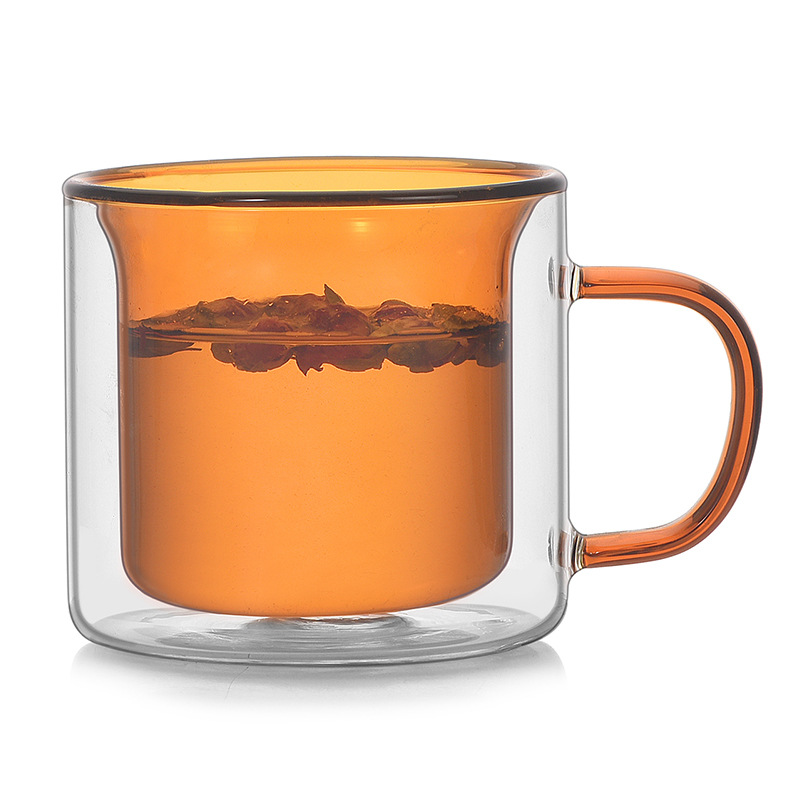 High borosilicate glass water cup with handle, high appearance level, colored cup, high-temperature resistant, double-layer heat-insulating coffee cup Item Picture