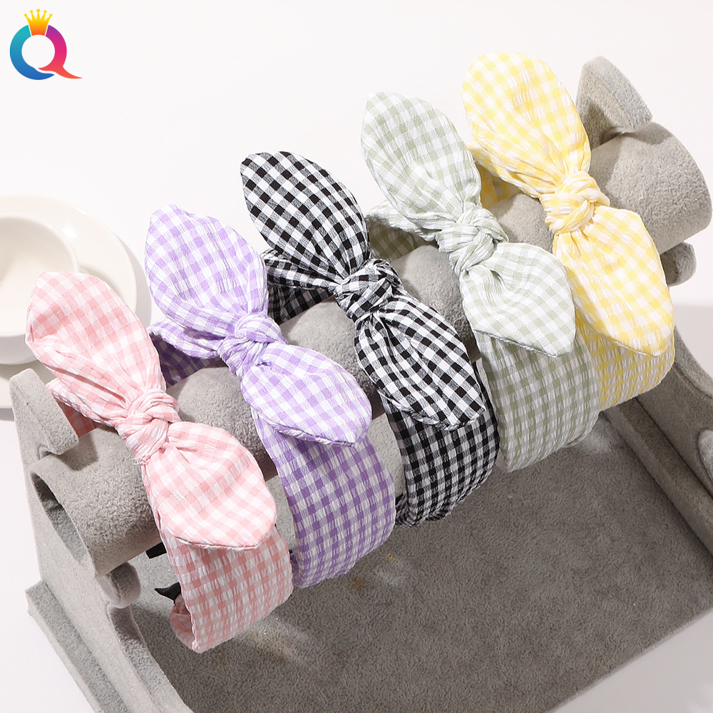 Qiyue Cross-border Amazon hair band, simple rabbit ear checkered headband, female Internet celebrity tie-dye headband, hair accessory wholesale details Picture