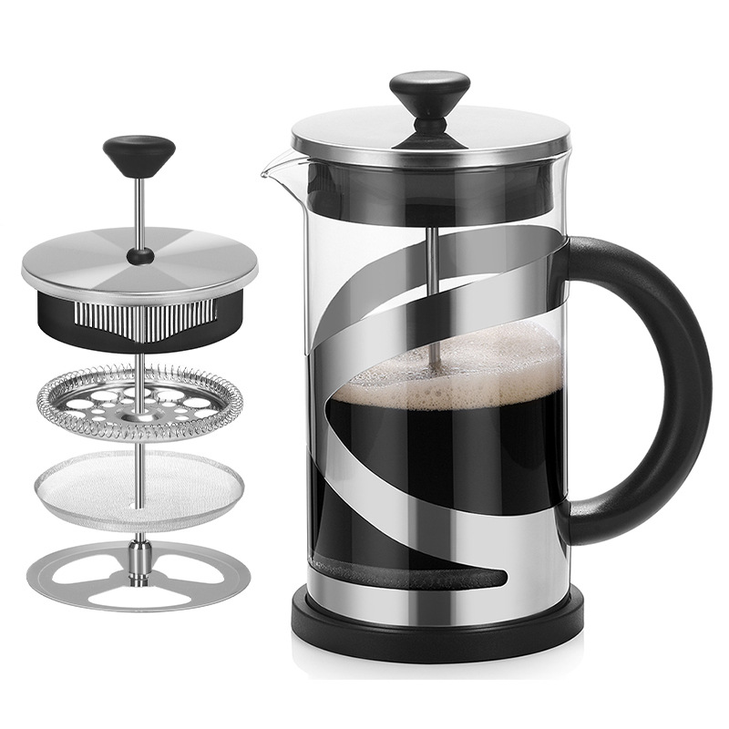 High borosilicate glass press, hand-brewed coffee equipment, 304 stainless steel filter press, household tea brewing teapot Item Picture