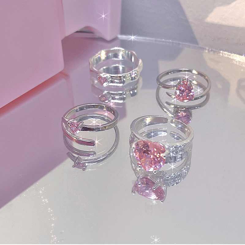 Sweet and cool pink heart-shaped zircon ring for women, full diamond sweet style ring, fashionable and versatile open ring Item Picture