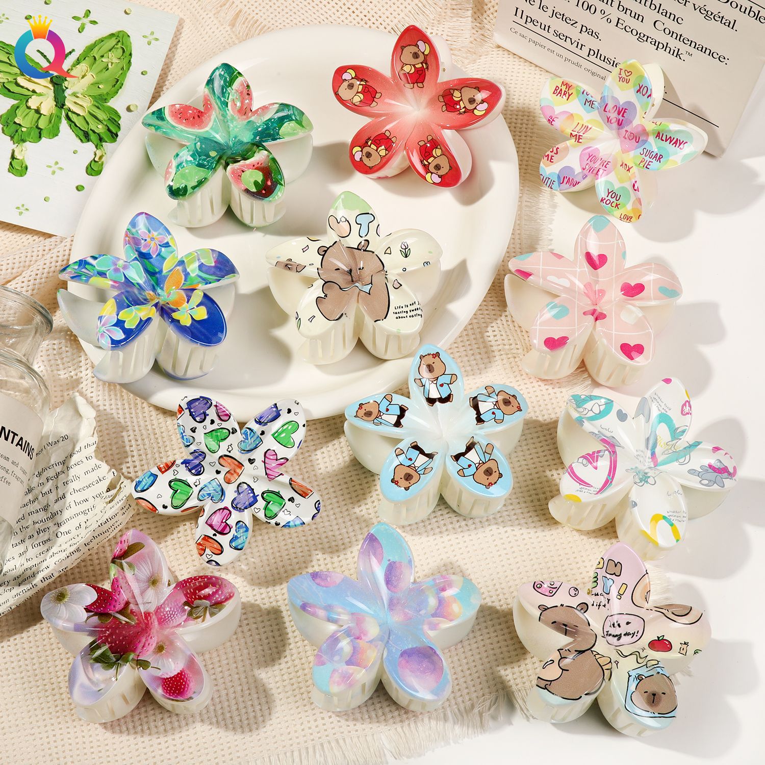 Qiyue Cross-border UV printed Bauhinia Flower Hair clips, European and American creative frellia flower grab clips, fashionable flower shark clips wholesale full figure