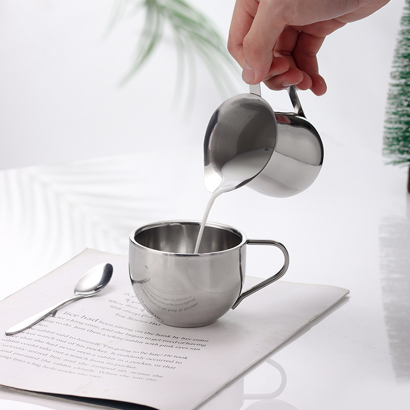 Stainless steel small milk cups, milk cups, coffee milk brewing cups, latte art small cups, pointed spouts, 3-ampoule milk cups, 90ml 4-piece set Specification drawing