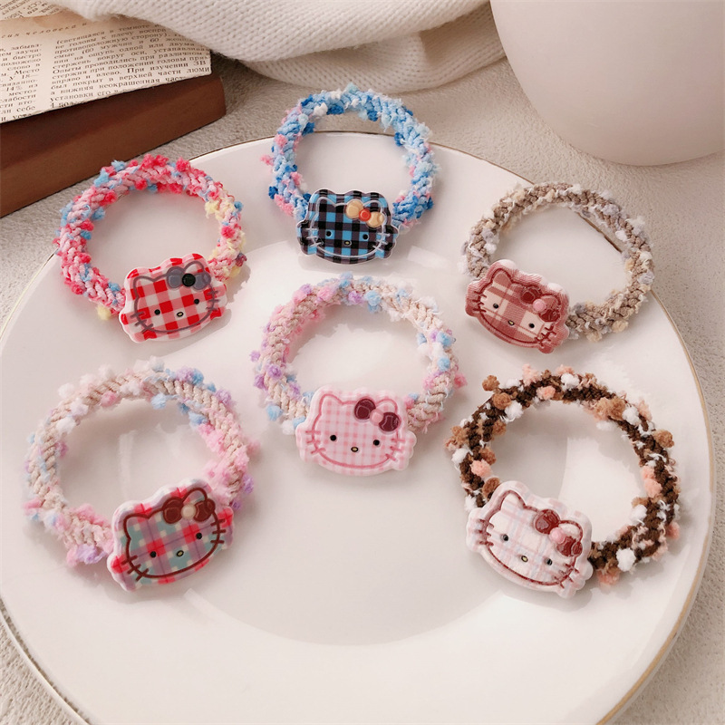 Cute cartoon checkered cat hair bands, high-elasticity hair ties for women in autumn and winter, hair ties, leather bands, hair ties and headwear wholesale full figure