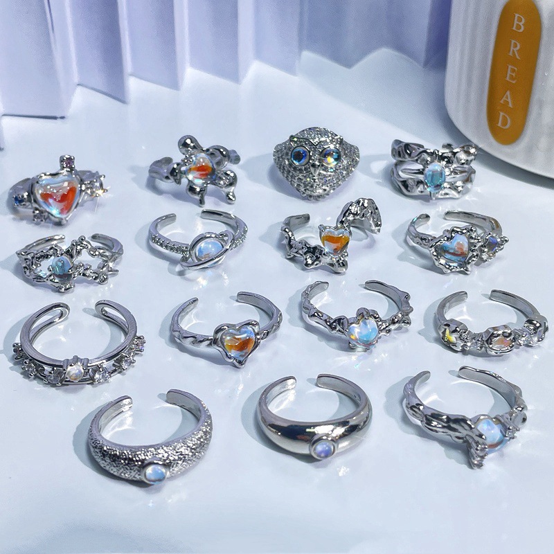 Cross-border personalized Moonstone series open ring, sweet, cool, versatile, fashionable and elegant index finger ring, cold style ring full figure
