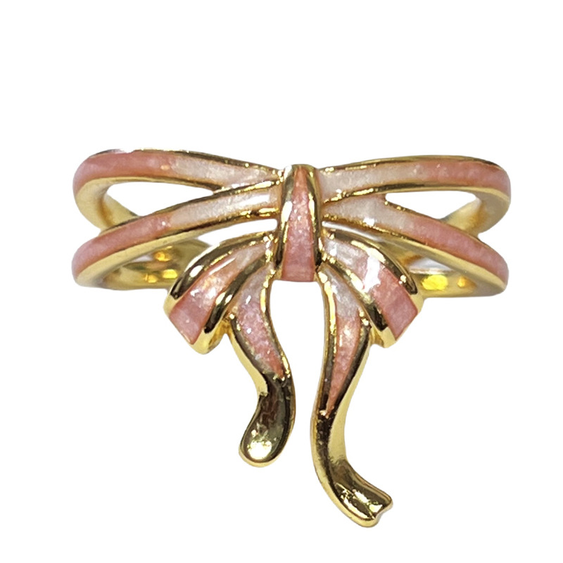 A new sweet pink gradient enamel bow elegant ring, a unique and exquisite index finger ring with a female gourd starlight Item Picture