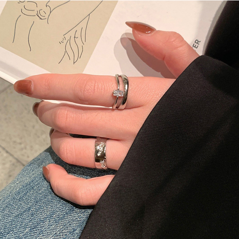 Asymmetrical double-layer square diamond open ring for girls on Instagram, a fashionable, simple and individual new cool ring design details Picture