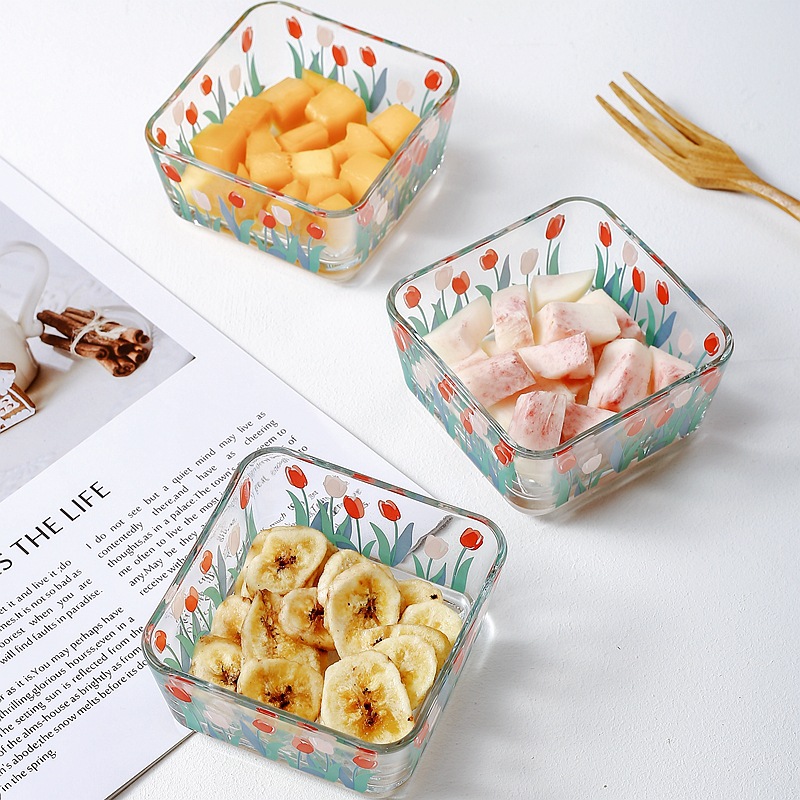 Korean inS-style Daisy flower glass bowl, square bowl, snack bowl, snack bowl, tulip flower salad bowl full figure