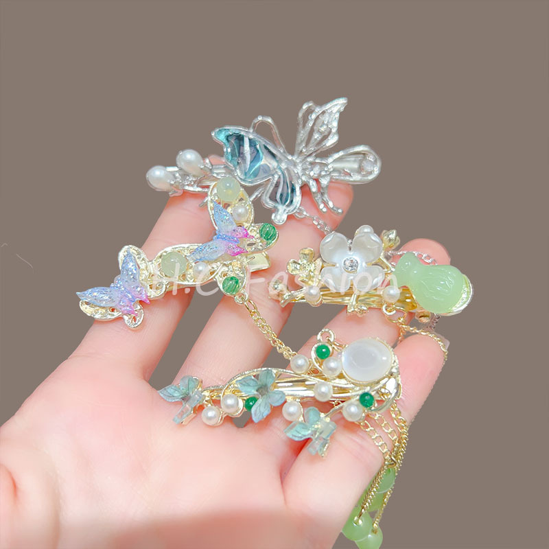 New Chinese-style ancient-style flower tassel hair clips for women spring and summer, new duckbill clips, fashionable hair clips, bangs clips, side clips Specification drawing