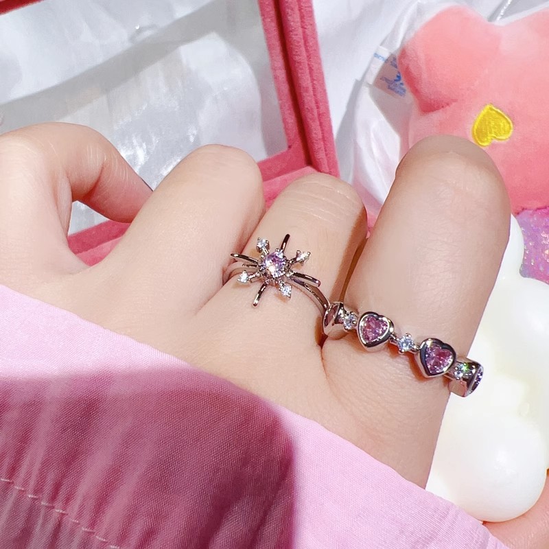 Pink diamond zircon star heart-shaped girl open ring, sweet, light luxury and high-end, layered exquisite and unique ring Specification drawing