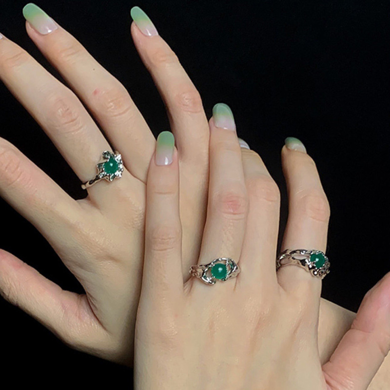 The pleated lava green stone open ring with a new Chinese style for women, featuring a high-end, light luxury and unique design full figure