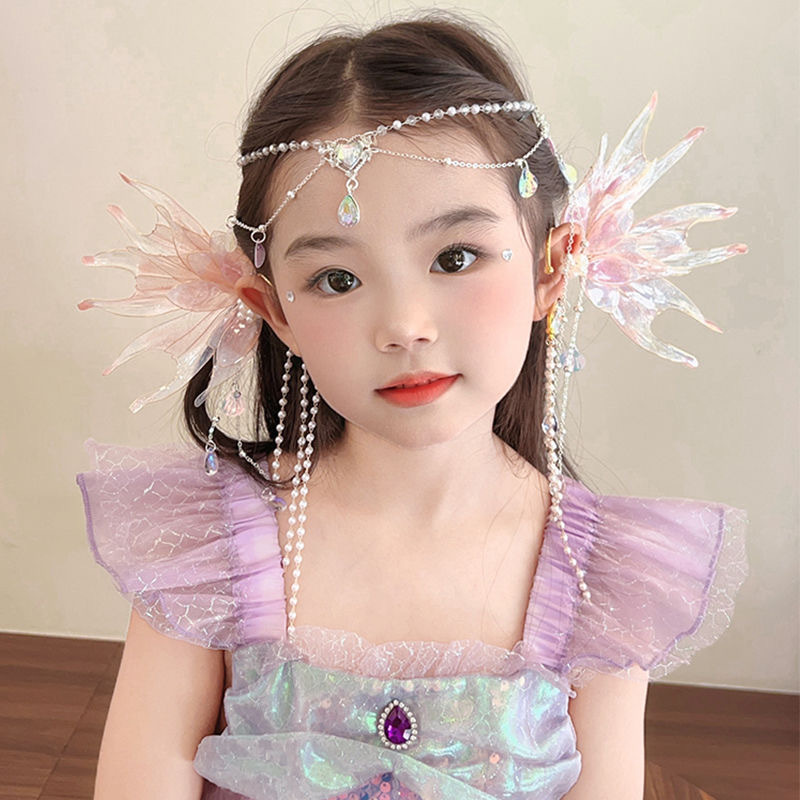Children's mermaid princess with mermaids, ancient Hanfu, hair ornaments, forehead chains, and girl butterfly fairy earrings performance details Picture