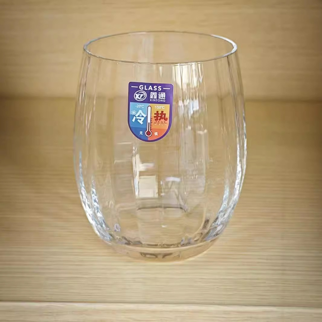 High borosilicate elliptical vertical flute coffee cup, large belly round juice cold drink glass cup, restaurant household, transparent stripes details Picture