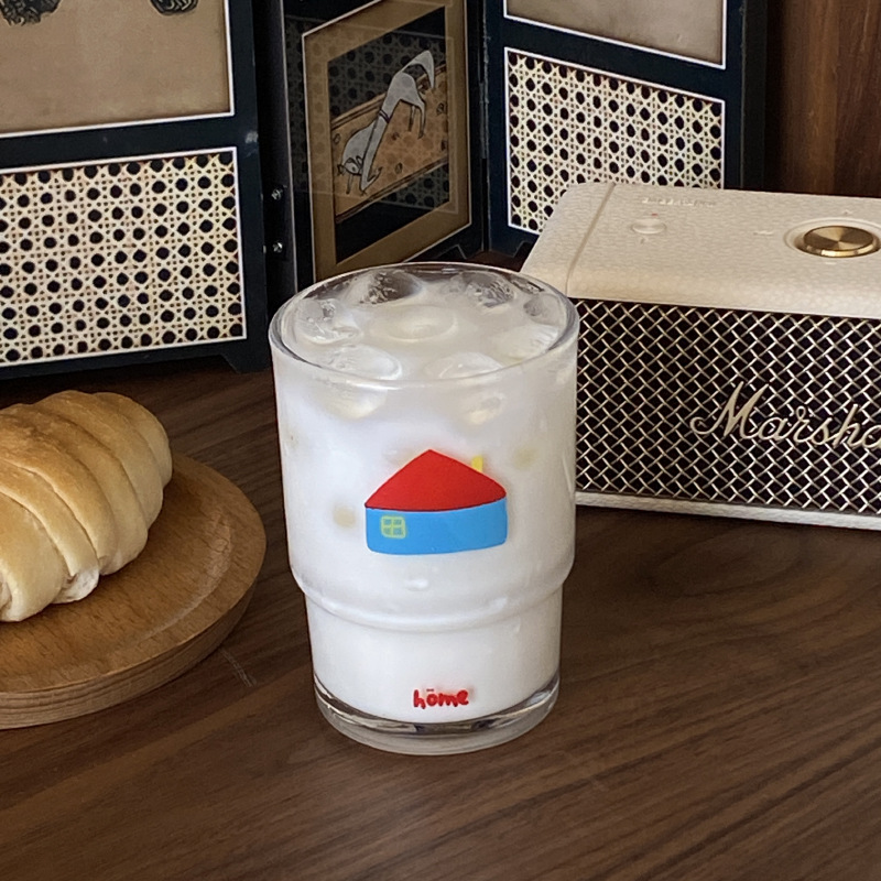 Homemade home glass cup, ins Warm Cartoon Red House water cup, niche Korean stackable cold drink cup 230ml Specification drawing