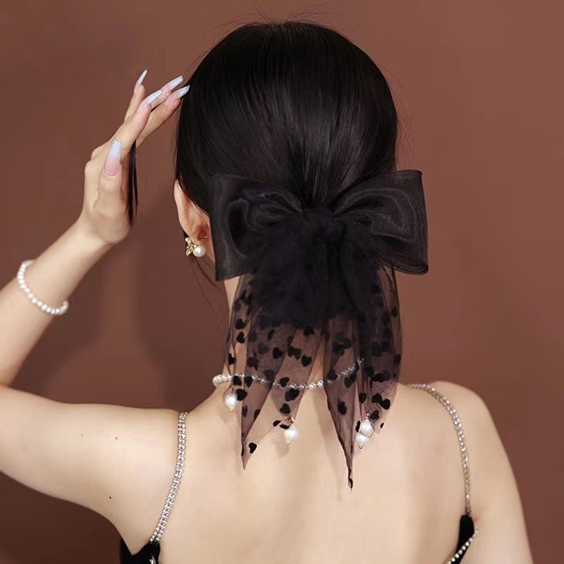 New women's lace black bow hair clip, pearl tassel hair tie, spring clip, high-end style hair clip and hair accessory details Picture