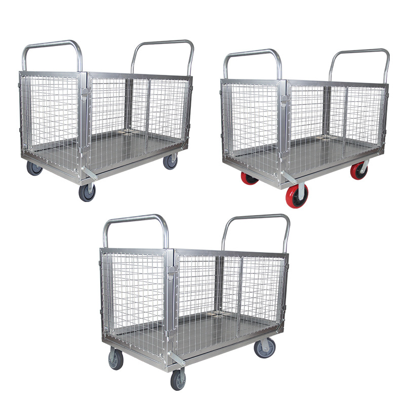Steel plate mesh cart, warehouse goods handling trolley, express delivery fence trolley, logistics turnover cart, silent four-wheel flat plate Item Picture