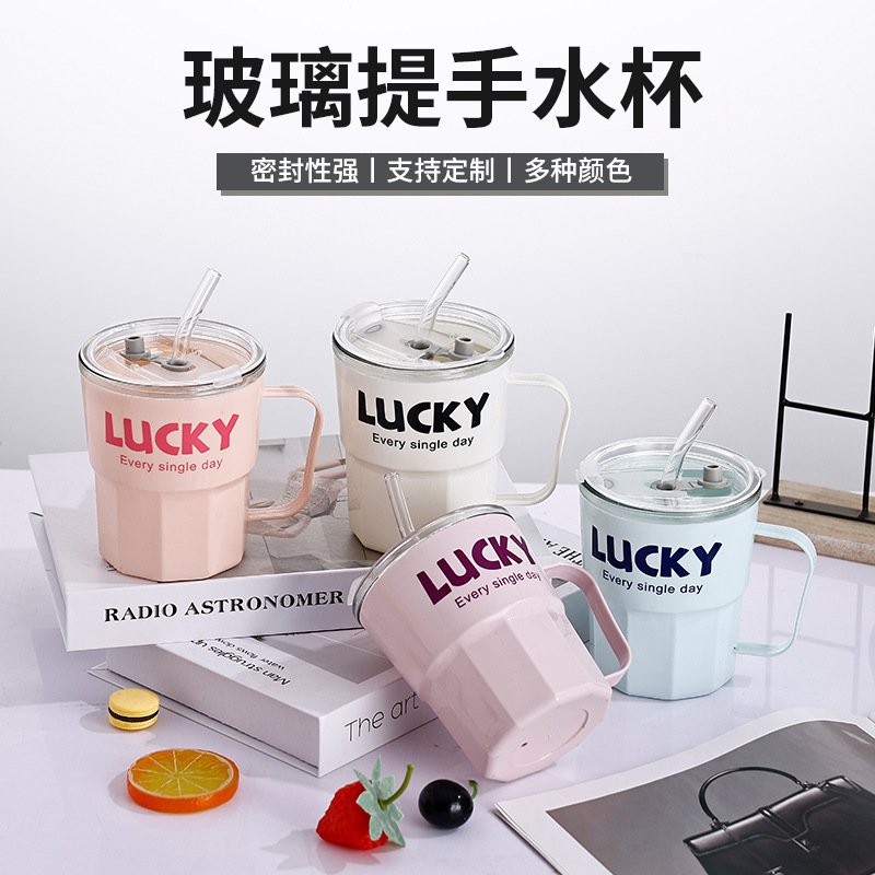 ins style, high appearance level, straw cup, simple and niche glass water cup, portable summer mug with handle, glass cup full figure