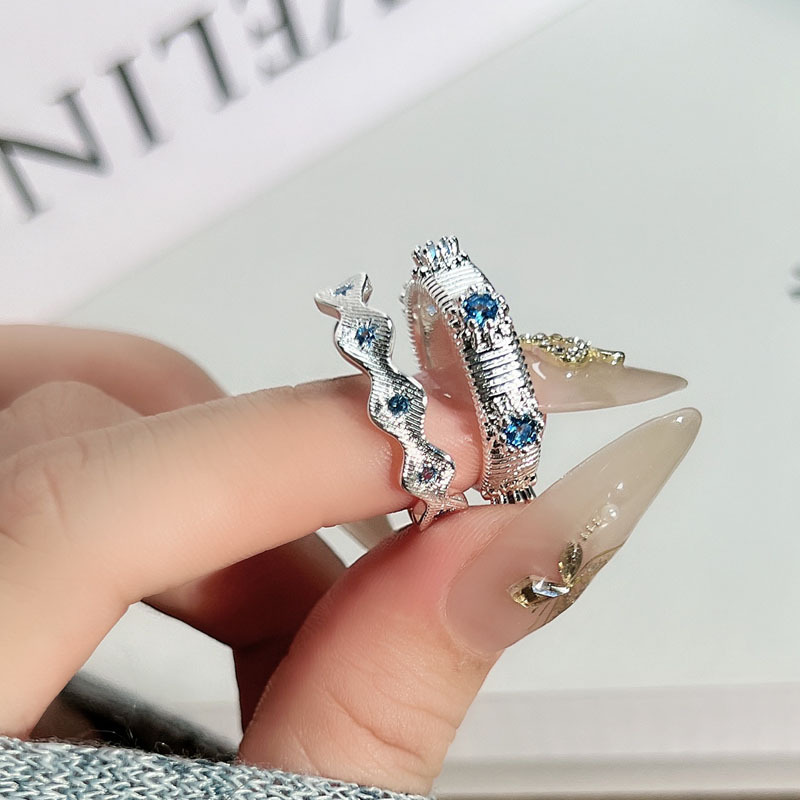 Retro brushed white, blue diamond wavy opening ring, a niche design for women, starlight light luxury, simple and versatile ring details Picture