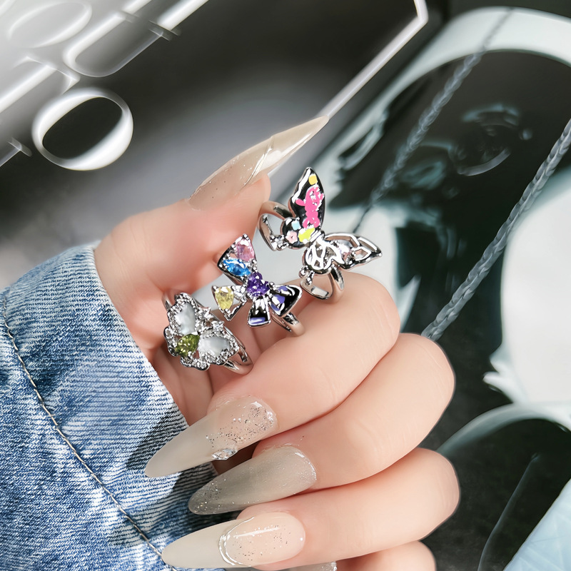 New autumn and winter colorful enamel drop glaze butterfly opening ring for women, sweet and cool Korean style, unique and versatile, a niche ring details Picture