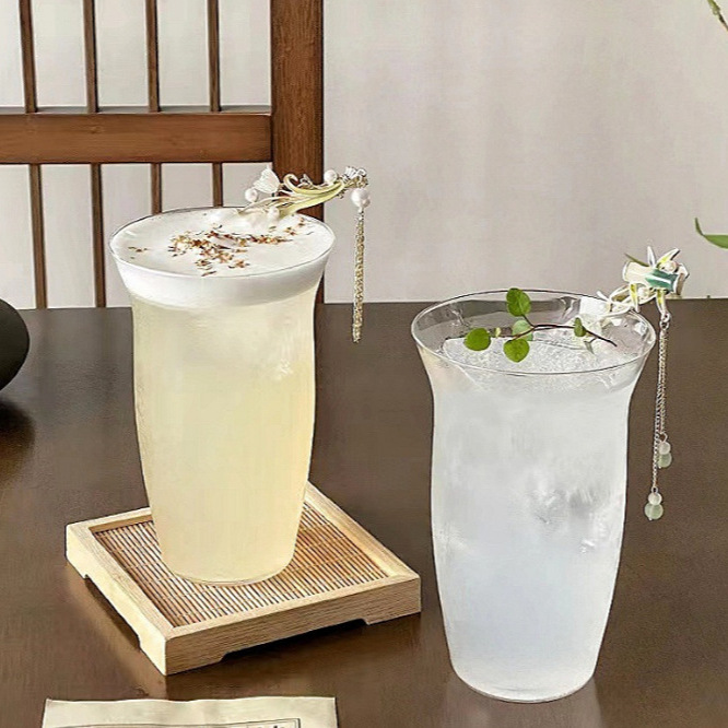 ns style open cup, simple and thin transparent glass cup, latte coffee cup, cold drink cup, juice cup, beverage cup details Picture