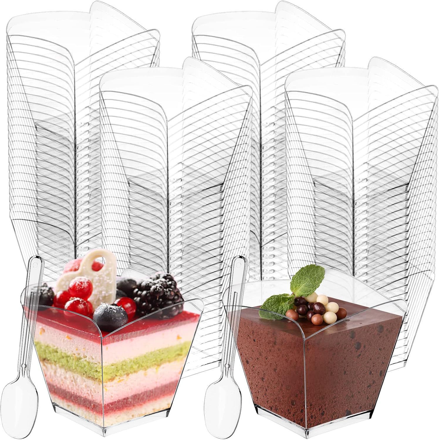 Factory wholesale 90ML disposable dessert cups with spoons, mini appetizer cups, square transparent ps plastic cups Item Picture