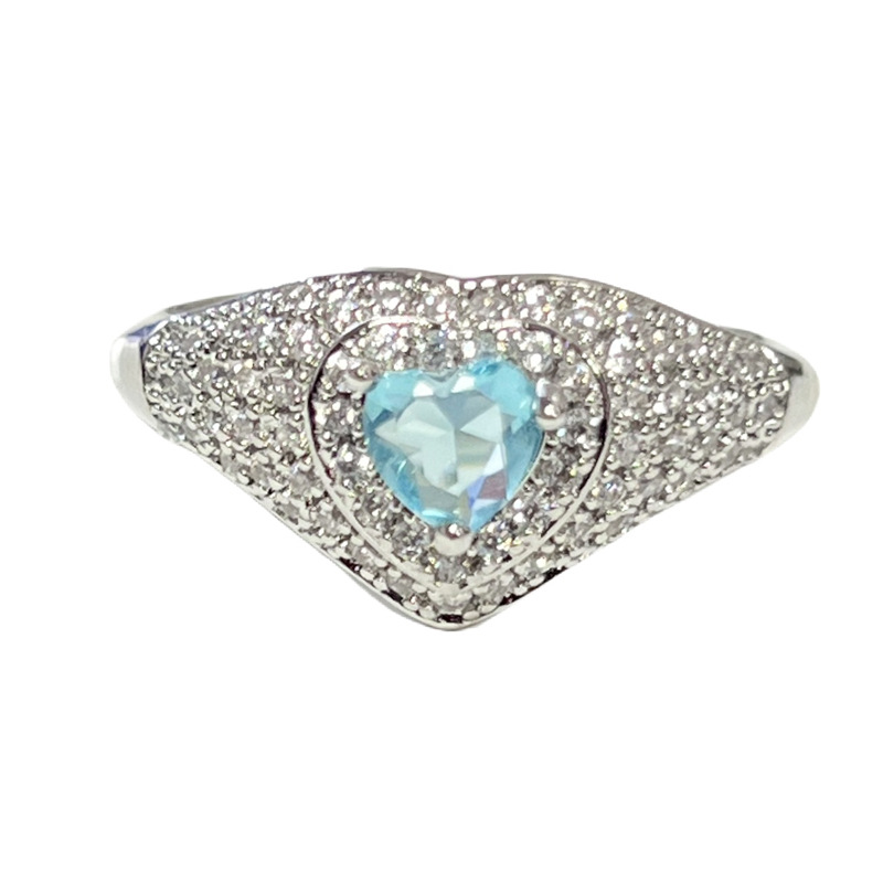 ins cold style, niche and light luxury, sea blue heart water drop zircon open ring, elegant and sweet cool ring for women Item Picture
