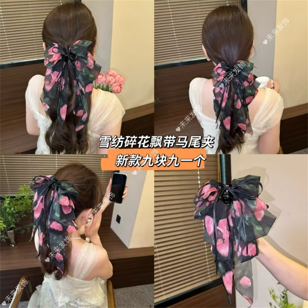 Spring and summer new style mesh print French elegant style bow ponytail clip at the back of the head women's headwear full figure