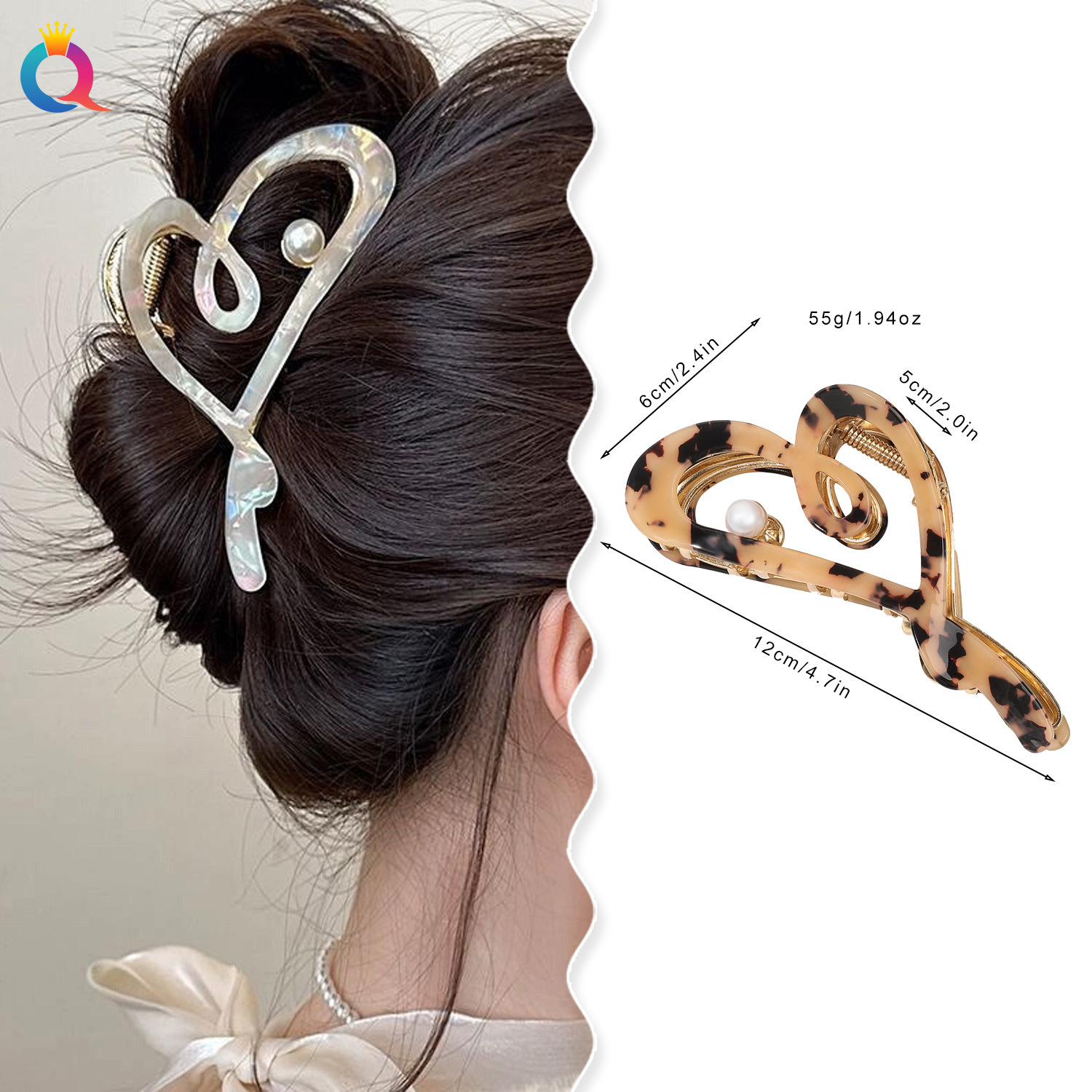 Wholesale of Qiyue acetic acid metal hair clips, extra-large heart-shaped hair clips, high-end shark hair clips and hair accessories details Picture