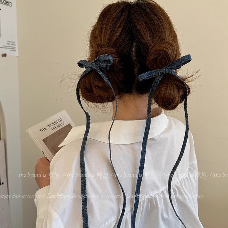 A pair! Retro denim blue bow hairpin headwear 2024 new style high-end girlish bangs small grabber Specification drawing