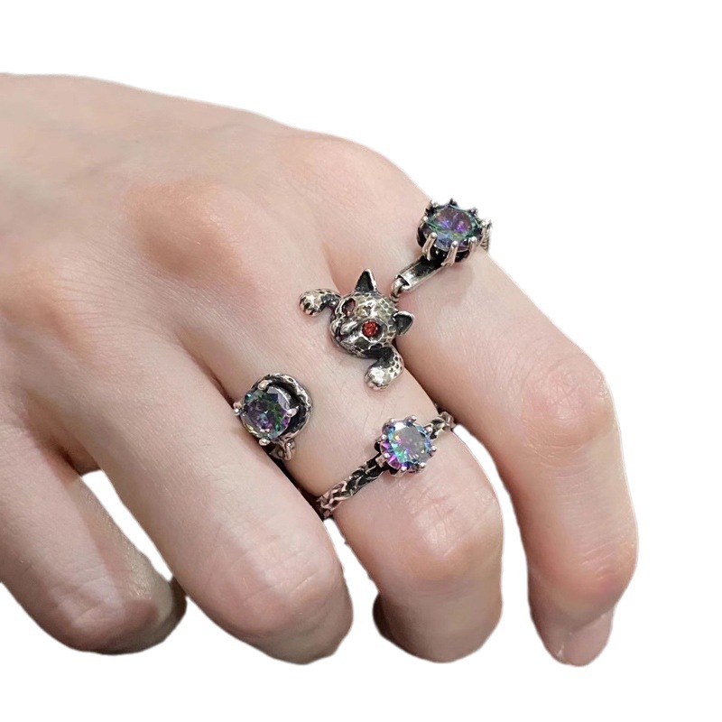 Retro dark and aged kitten open ring, a cute, unique and simple ring for women on Instagram, a cool and fashionable index finger ring Item Picture