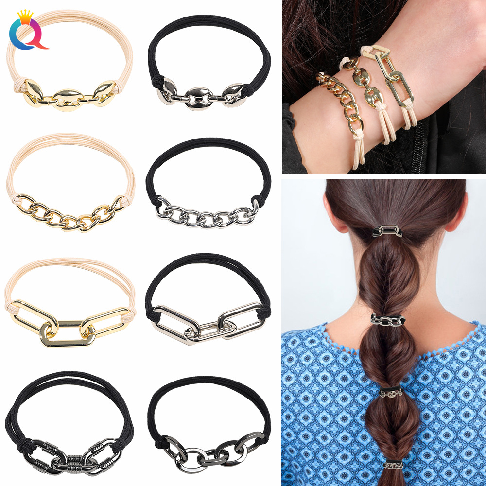 Qiyue Cross-border Amazon metal chain, rubber band, high-quality electroplated alloy hair rope, hair loop, bracelet, wristband and hair tie full figure