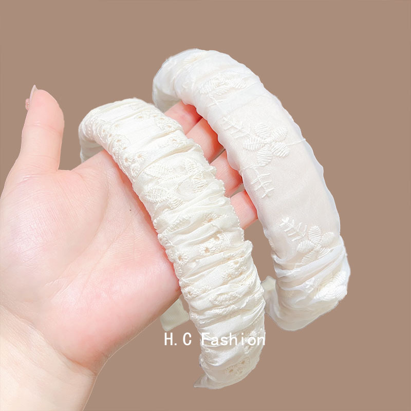 French lace embroidered pleated hairband, a popular high head top that makes the face look sweet and cute, versatile wide-brimmed headband, a facial cleansing hairpin Specification drawing