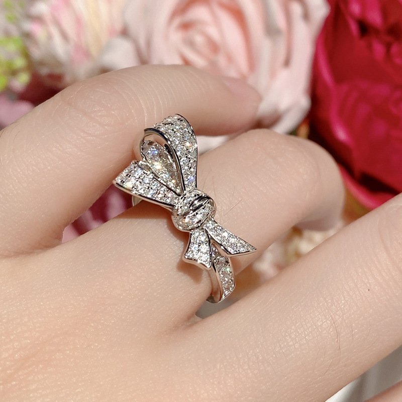 European and American three-dimensional full diamond bow open ring, a unique female design, sweet and trendy, versatile princess ins style ring full figure