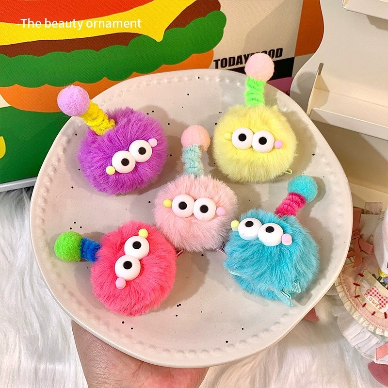 Cute pom-pom hair clips, big eyes, ugly and cute dolls, coal ball hair clips, girls' cartoon and funny personality, duckbill hair clips Specification drawing