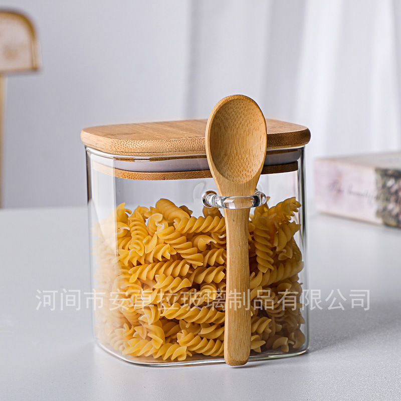 Wholesale square glass sealed jars, creative storage jars with spoons, seasoning, food, dried fruit storage bottles, tea cans Item Picture