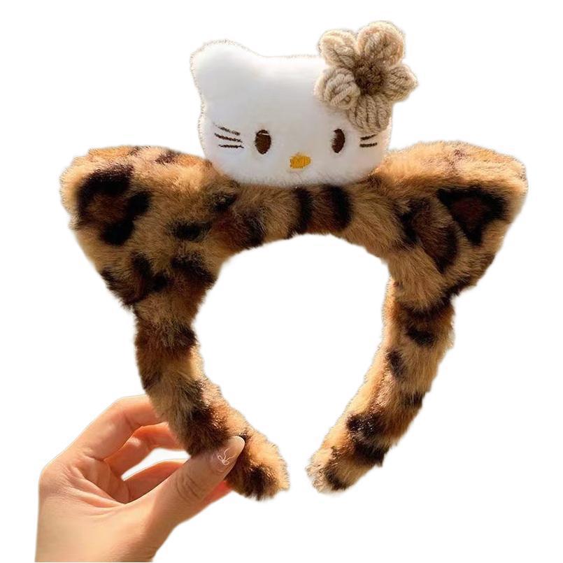 Cute cat sauce ~ Black Kitty cat ears, leopard print plush hair band, women's face wash makeup headband, cartoon hair accessory Item Picture