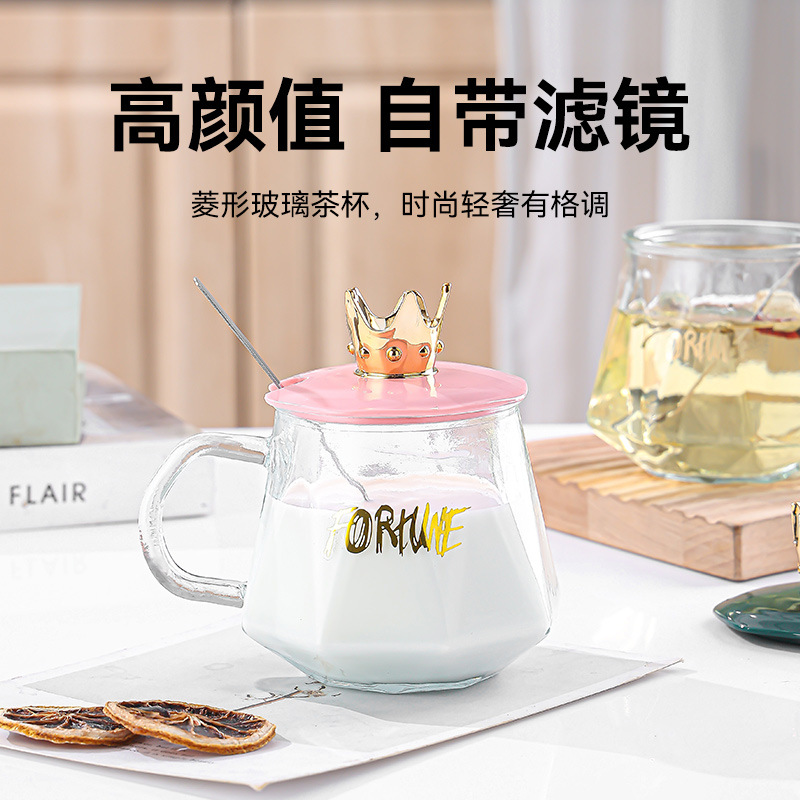 Crown milk cup, coffee cup, high-end glass water cup, student Korean version couple anti-scald cup, women's one-piece consignment creative Specification drawing