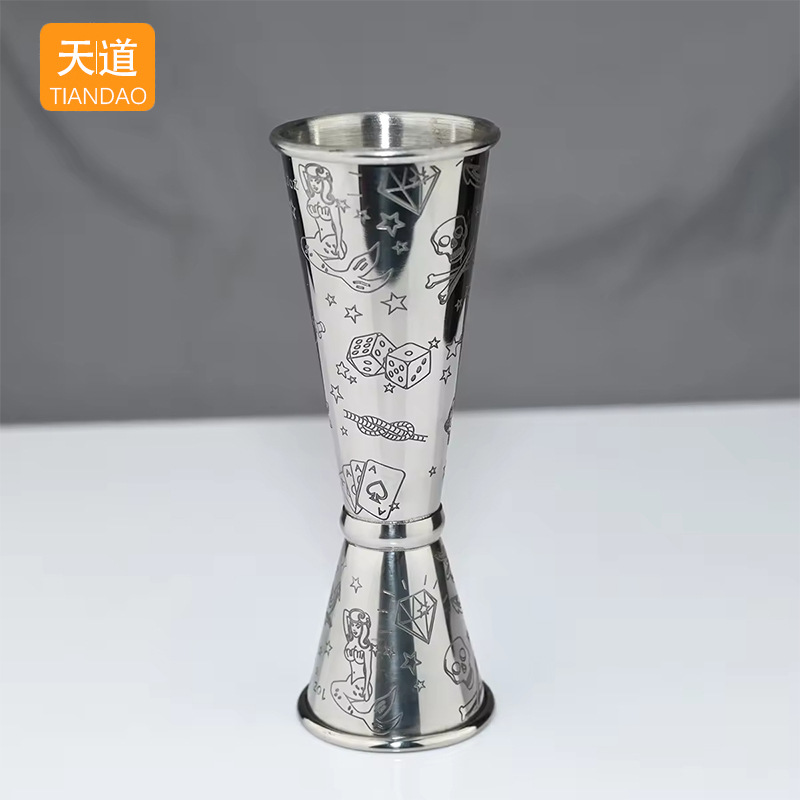 304 stainless steel measuring cup, ANSI cup, double-head wine measuring device, etched pattern, 30/60 rolled edge, slanted body, wine glass mixing tool details Picture