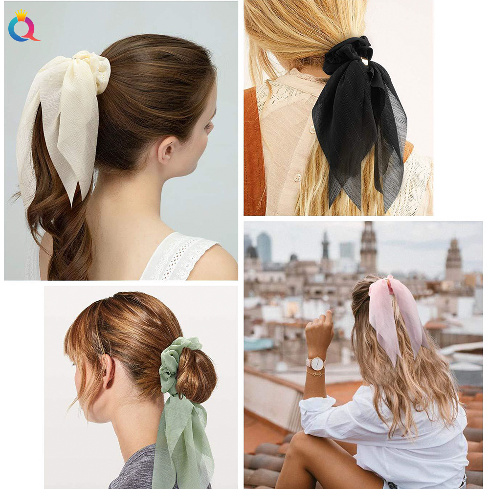 Qiyue Cross-border Ribbon Hair Band New double-layer bow large Intestine circle, women's lace ponytail fabric circle hair accessory details Picture