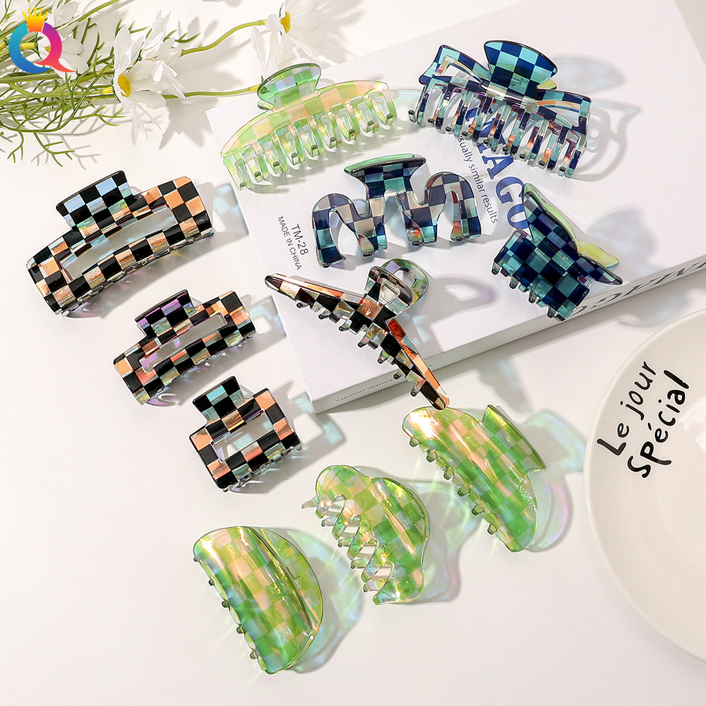 Qiyue Korean-style acetate hair clips, fashionable and retro checkerboard pattern, back head updo hair clips, and colorful shark clip headwear details Picture
