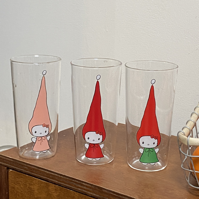 Creative cartoon hand-drawn kt cat high borosilicate glass cup, cute pointed hat, little cat water cup, juice cup, heat-resistant details Picture